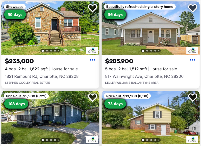 Zillow search results with a green day-count badge on each listing card: 50, 56, 108 and 73 days.